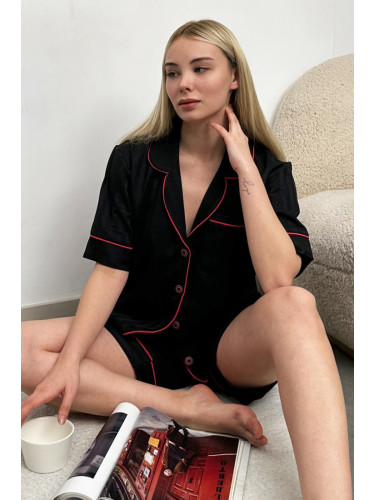 Trend Alaçatı Stili Women's Black Intermediate Pile Single Pocket Cotton Satin Shorts Premium Pajama Set