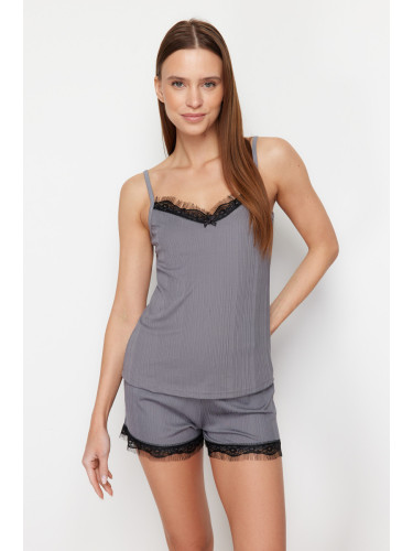 Trendyol Anthracite Lace Detailed Rope Strap Corded Knitted Pajama Set