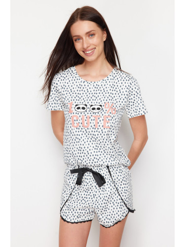 Trendyol White-Multicolor Polka Dot and Slogan Printed Knitted Pajamas Set
