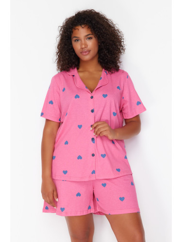 Trendyol Curve Pink Heart Patterned Knitted Pajama Set