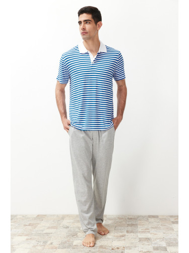 Trendyol Men's Ecru Regular Fit Striped Polo Neck Knitted Pajama Set
