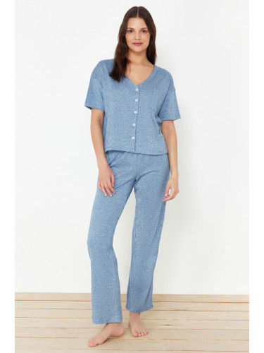 Trendyol Blue Button and Pocket Detailed Corded Knitted Pajama Set