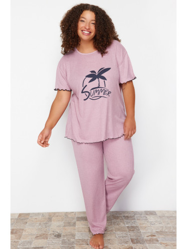 Trendyol Curve Pale Pink Motto Camisole Knitted Pajamas Set