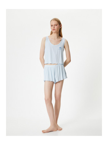 Koton Pajama Set with Shorts Embroidered Thick Straps Textured Viscose