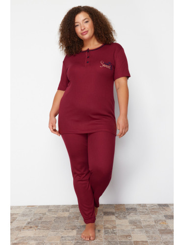 Trendyol Curve Burgundy Button Detailed Camisole Knitted Pajamas Set