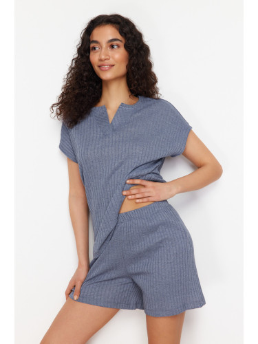 Trendyol Blue Cotton Ribbed Knitted Pajamas Set