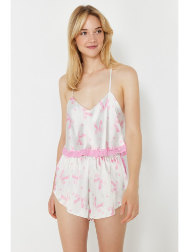 Trendyol Pink Lace Detailed Crop Satin Woven Pajamas Set