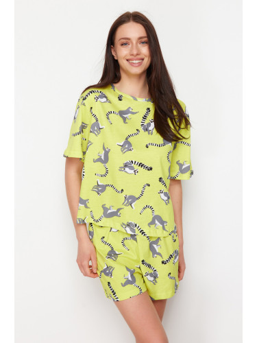 Trendyol Green-Multicolor 100% Cotton Animal Pattern Knitted Pajamas Set