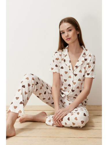 Trendyol Ecru Cotton Heart Knitted Pajamas Set