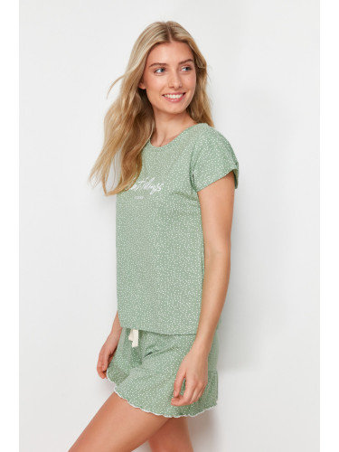Trendyol Green Cotton Polka Dot Tie Detailed Knitted Pajama Set