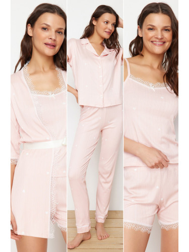 Trendyol Pink 5-Pack Heart Corded Knitted Pajama Set