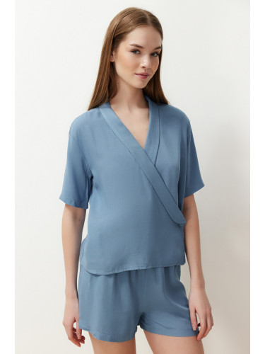Trendyol Blue Buttoned Double Breasted Collar Viscose Woven Pajamas Set