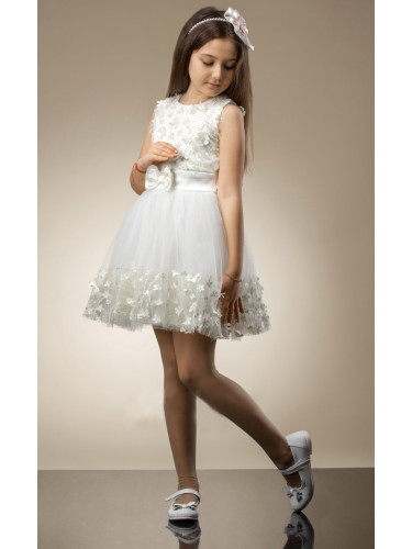 Официална детска рокля на цветя в екрю с пола от тюл, без ръкав и кола