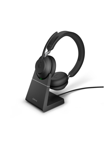 Слушалки Jabra Evolve2 65 MS Stereo със стойка, безжични, микрофон, за работа с Microsoft Teams, шумоизолиращ дизайн, светлинна индикация за заетост, Bluetooth, USB Type-C, черни