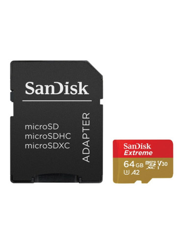 Карта памет 64GB microSDXC с адаптер, Sandisk Extreme, Class 10 UHS-1 U3, скорост на четене 170MB/s, скорост на запис 80MB/s
