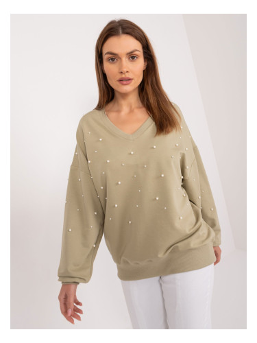 Lightweight khaki women's oversize sweatshirt with pearls