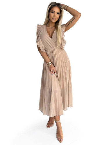 315-6 EMILY Pleated dress with ruffles on the shoulders and neckline - beige