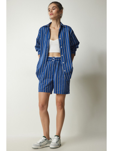 Happiness İstanbul Women's Blue Striped Satin Surface Shirt Shorts Set