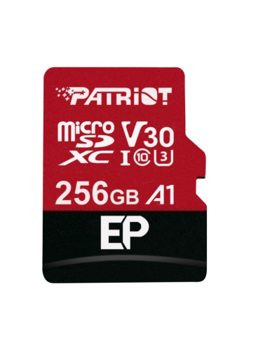 Карта памет 256GB microSDXC с адаптер, Patriot EP Series (PEF256GEP31MCX), Class 10 U3, скорост на четене 90MB/s, скорост на запис 80MB/s