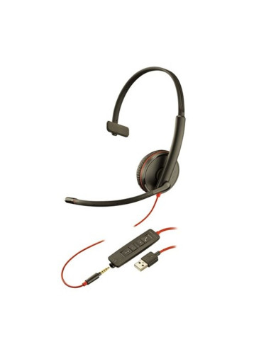 Слушалки Plantronics Blackwire C3215 USB-A (209746-201), моно слушалка, USB Type C, AUX, шумопотискащ микрофон, технология SoundGuard, черни