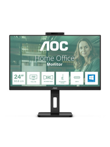 Монитор AOC 24P3CW, 23.8" (60.45 cm) IPS панел, 75Hz, Full HD, 4ms, 20000000:1, 300 cd/m2, DisplayPort, HDMI, USB-C, Webcam