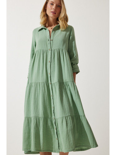 Happiness İstanbul Women's Green Muslin Flared Shirt Dress