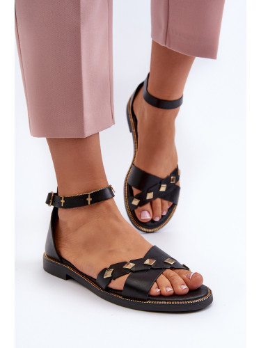 Черни равни дамски кожени сандали Zazoo 40378