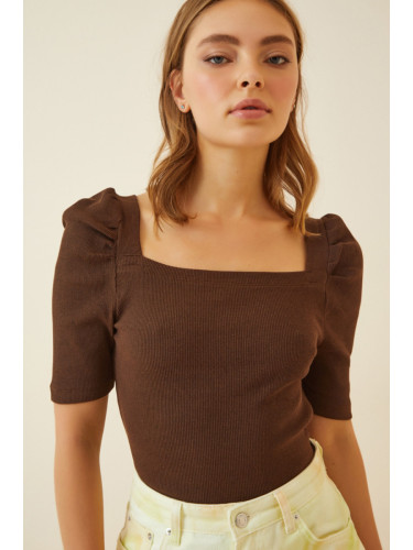 Happiness İstanbul Women's Brown Square Collar Corduroy Crop Blouse