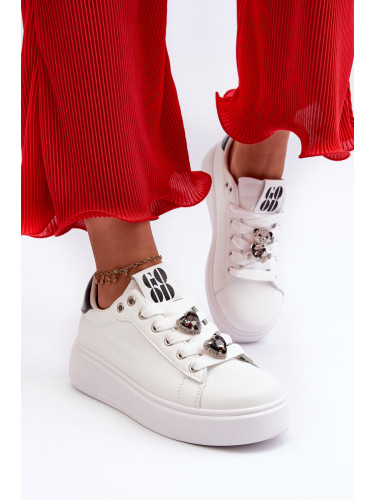 Women's Platform Sneakers with Heart Pins, White Azamia
