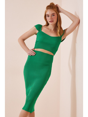 Happiness İstanbul Women's Vibrant Green Knitwear, Flared Crop Skirt Set