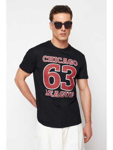Trendyol Black Regular/Normal Cut College Printed 100% Cotton T-Shirt