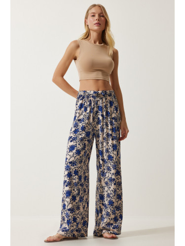 Happiness İstanbul Women's Cream Blue Patterned Flowy Viscose Palazzo Trousers