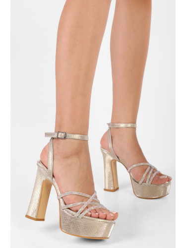 Shoeberry Women's Agur Gold Honeycomb Patterned Platform Heeled Shoes