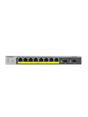 Суич Netgear GS110TP-300EUS, 1000Mbps, 8x 10/100/1000Mbps, 8x PoE, 2 SFP порта, auto VoIP and Video, ACL (Up to 53W)