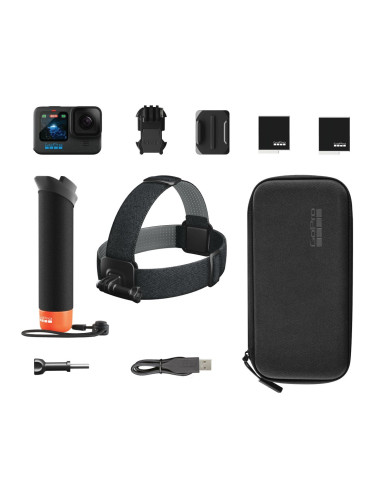 Екшън камера GoPro HERO12 Black Bundle, камера за екстремен спорт, 5.3K@60fps, 2.27" (5.76 cm) заден сензорен дисплей/1.4" (3.55 cm) преден дисплей, HyperSmooth 6.0 стабилизация, водоустойчива, 8x Slow motion, Bluetooth, USB-C, Wi-Fi, SDCard, черна