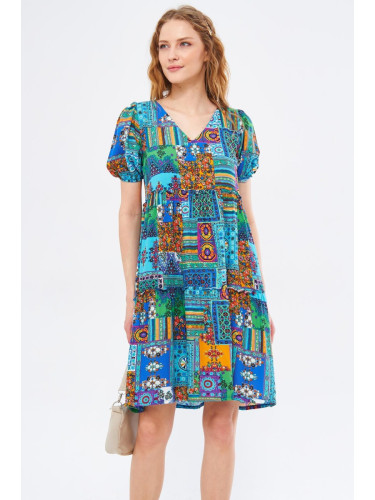 armonika Women's Turquoise V-Neck Short Sleeve Print Ruffle Dress