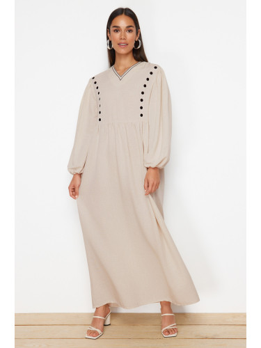 Trendyol Beige V-Neck Detailed Woven Linen Look Dress