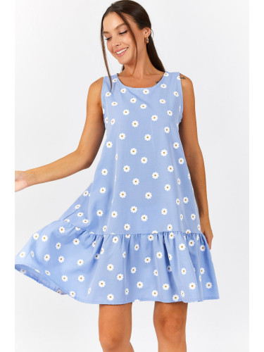 armonika Women's Baby Blue Daisy Pattern Sleeveless Skirt with Frills Dress