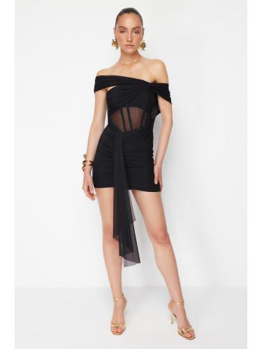 Trendyol X Zeynep Tosun Black Knitted Tulle Detailed Elegant Evening Dress