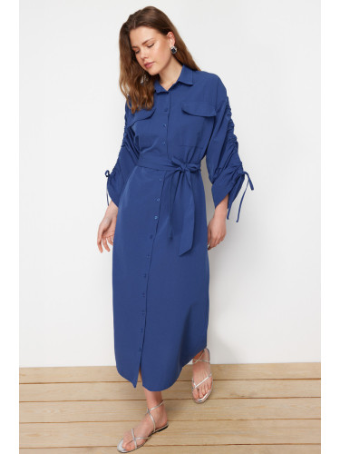 Trendyol Saks Belted Cotton Woven Shirt Dress with Adjustable Sleeves Detail