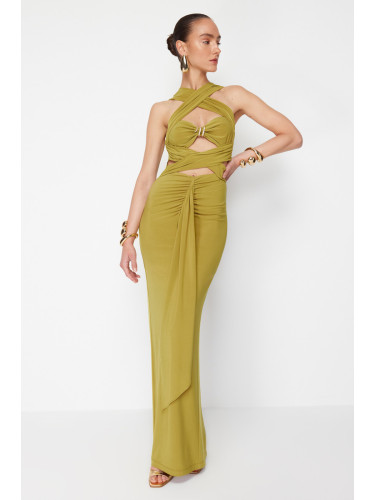 Trendyol X Zeynep Tosun Oil Green Cut Out Knitted Tie Detailed Evening Dress & Graduation Dress