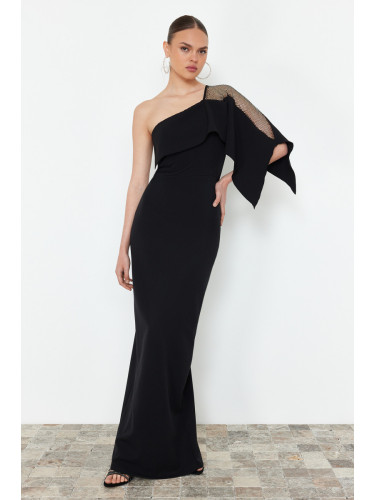 Trendyol Black Body-Fitting Stone Accessory Single Sleeve Woven Long Evening Dress