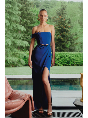 Trendyol X Zeynep Tosun Saks Wrap Knitted Long Evening Dress & Graduation Dress with Accessory Detail
