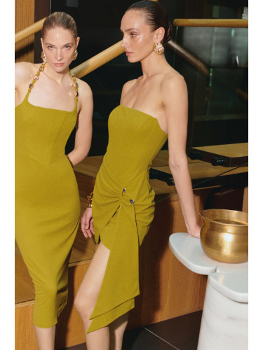 Trendyol X Zeynep Tosun Oil Green Knitted Elegant Evening Dress with Accessory Detail