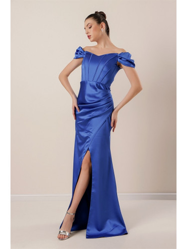 By Saygı Underwired Long Satin Dress with Pleats and Lined Saks