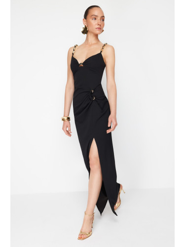 Trendyol X Zeynep Tosun Black Knitted Evening Dress & Graduation Dress with Accessory Detail