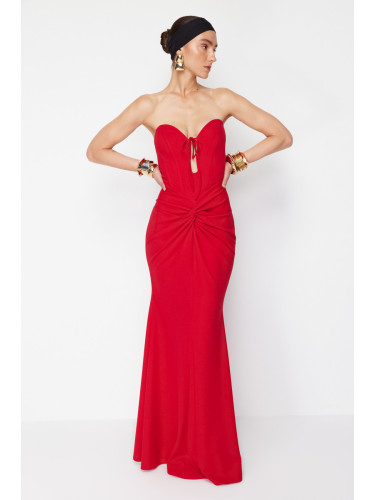 Trendyol X Zeynep Tosun Red Fish Knitting Detailed Long Evening Dress & Graduation Dress