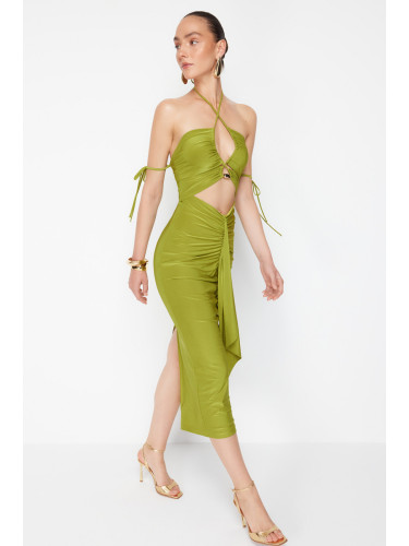Trendyol X Zeynep Tosun Oil Green Elegant Evening Dress with Knitted Window and Accessory Detail