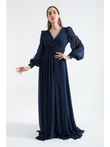 Lafaba Women's Navy Blue V-Neck Glittery Long Evening Dress