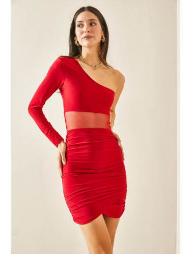 XHAN Red One Shoulder Draped Mini Dress